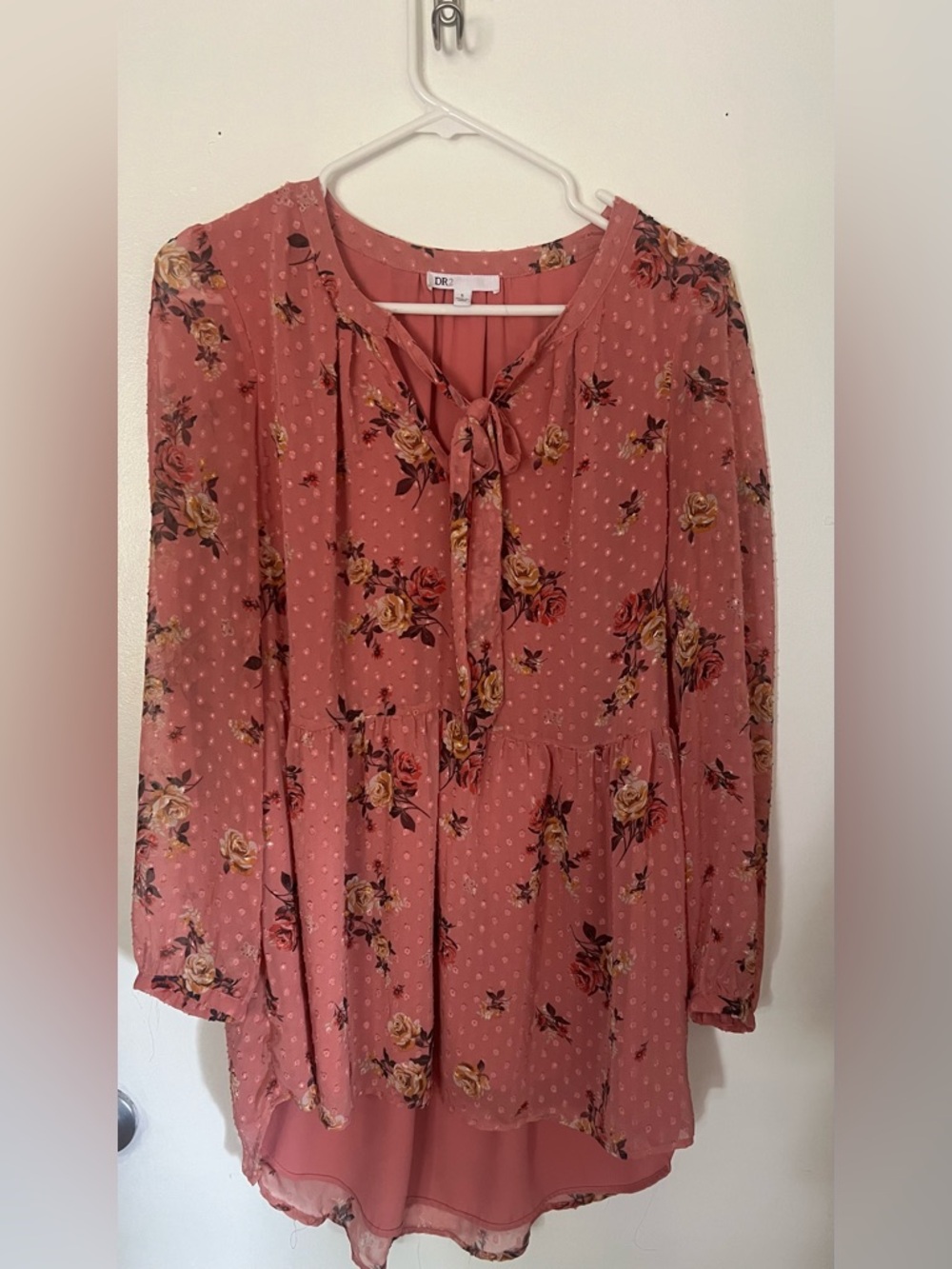 DR2 Dusty Rose Floral Tie-Neck Blouse